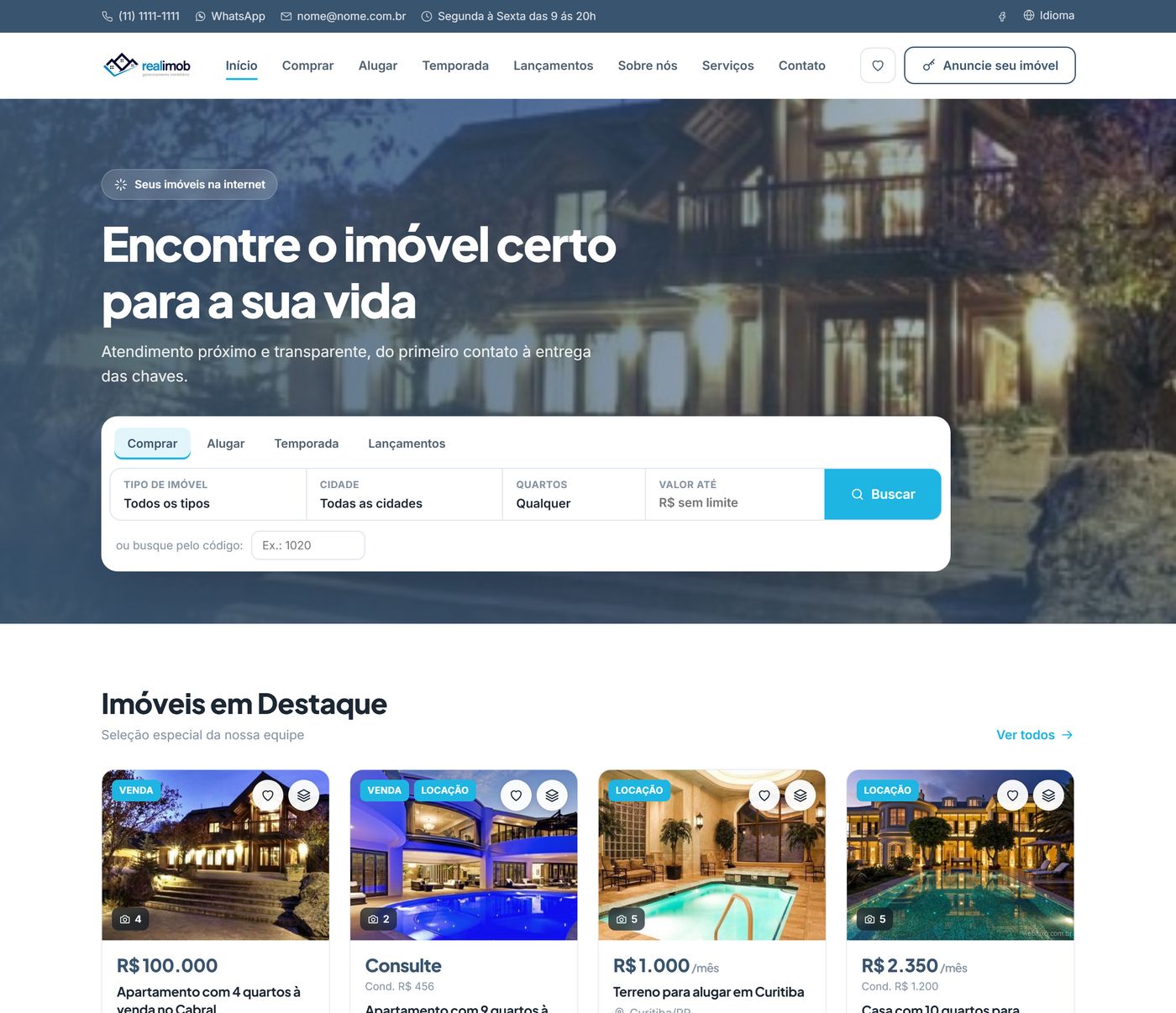 Página inicial do site da imobiliária com busca e imóveis em destaque
